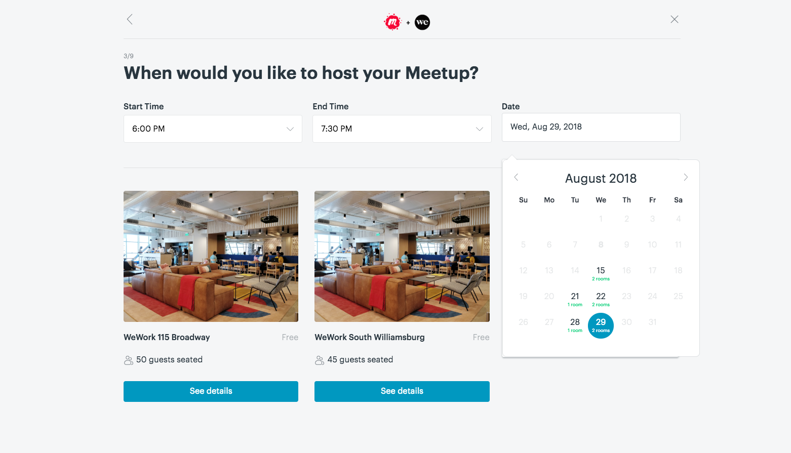 One of the first organizer tools I contributed to at Meetup as a Full Stack Engineer was the Meetups at WeWork instant reservation system which enabled eligible organizers to instantly reserve venue space at WeWork locations globally on the Meetup website.